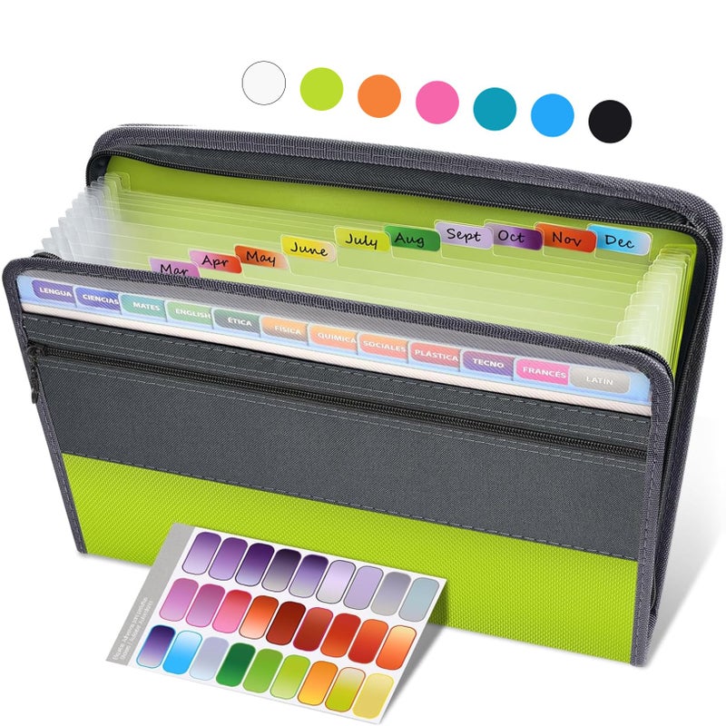 Sooez Accordion File Organizer with Safe Zipper, 12 Pocket Expanding File Folder with Front Pencil Pouch, Portable Monthly Paper Bill Tax Receipt Organizer, School Office Supplies, Letter Size, Green - Image 1